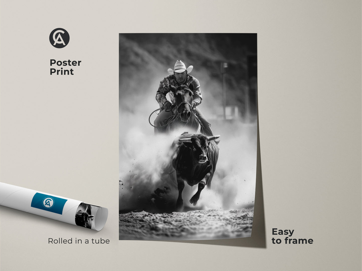 Poster print of black and white rodeo art rolled in a tube. This bull riding canvas print showcases western cowboy wall art. The rustic ranch art print is easy to frame for man cave rodeo decor. Perfect action sports photography.