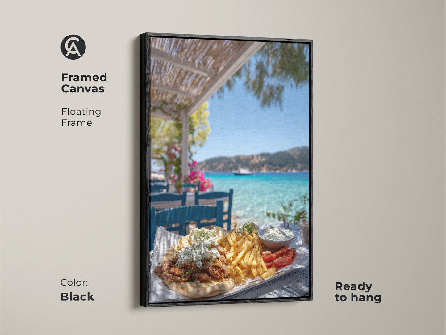 Framed canvas artwork of a greek gyros platter. The floating frame is black and ready to hang. This photorealistic food photography captures the essence of a mediterranean kitchen. The coastal summer vacation decor brings the taste of travel to your dining area.