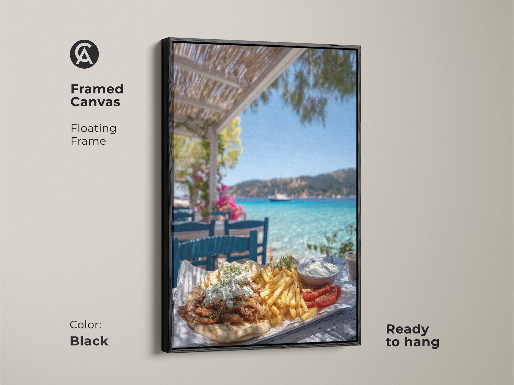 Framed canvas artwork of a greek gyros platter. The floating frame is black and ready to hang. This photorealistic food photography captures the essence of a mediterranean kitchen. The coastal summer vacation decor brings the taste of travel to your dining area.