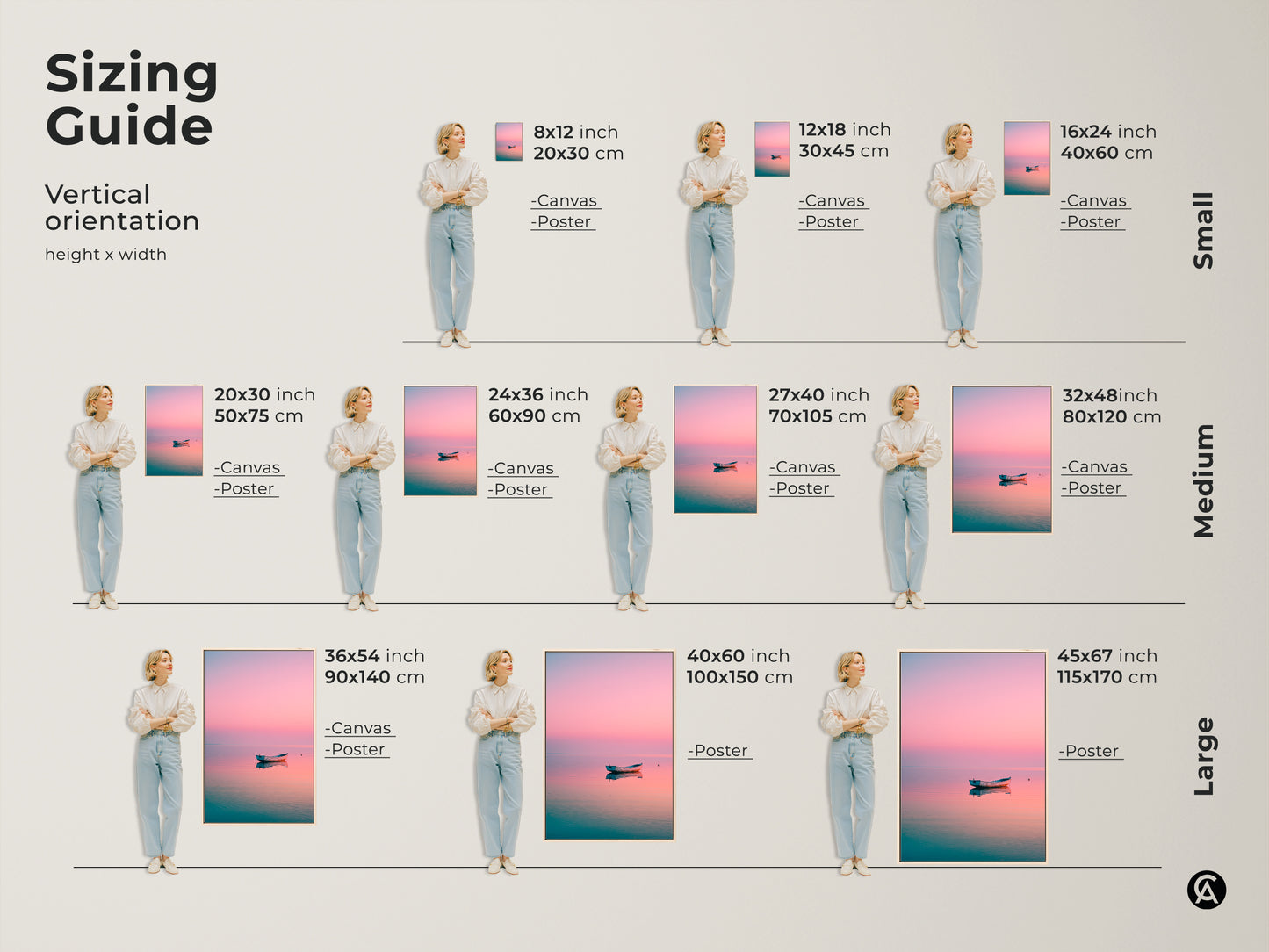 Sizing guide for vertical coastal artwork. See canvas and poster print sizes. Small medium and large options are available. Find the perfect fit for your fine art prints. Decorate your walls.