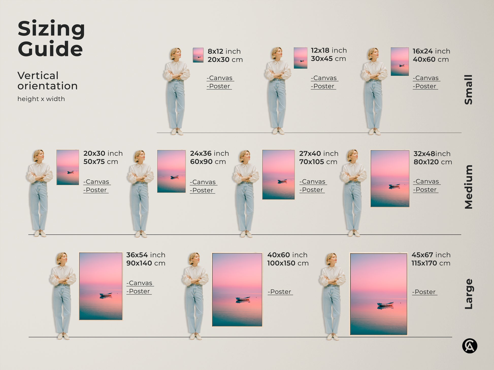 Sizing guide for vertical coastal artwork. See canvas and poster print sizes. Small medium and large options are available. Find the perfect fit for your fine art prints. Decorate your walls.