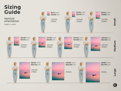 Sizing guide for vertical coastal artwork. See canvas and poster print sizes. Small medium and large options are available. Find the perfect fit for your fine art prints. Decorate your walls.