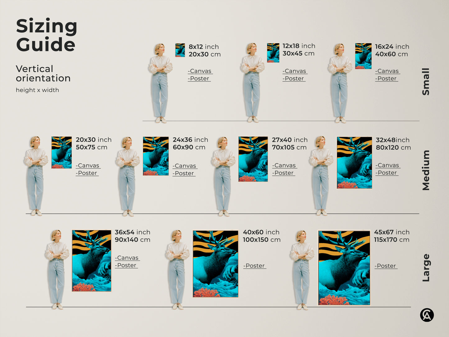 This sizing guide shows vertical canvas and poster sizes. Small options are 8x12 inch 12x18 inch and 16x24 inch. Medium sizes include 20x30 24x36 27x40 and 32x48 inch. Large art sizes are 36x54 40x60 and 45x67 inch. The art is teal and orange.