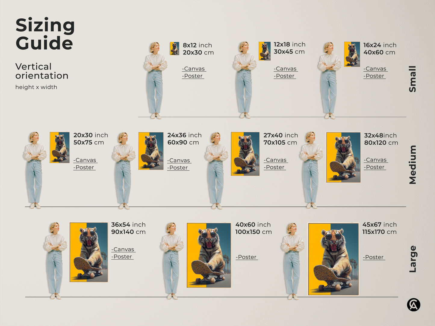 See the sizing guide for the tiger on skateboard canvas or poster. View vertical orientations with different height and width options. This wildlife art fits perfectly in small medium and large spaces. This print is an awesome eclectic home decor piece.