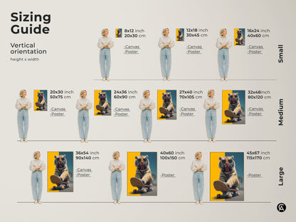 See the sizing guide for the tiger on skateboard canvas or poster. View vertical orientations with different height and width options. This wildlife art fits perfectly in small medium and large spaces. This print is an awesome eclectic home decor piece.