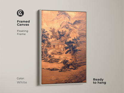 White framed canvas featuring floating frame with ink wash mountain artwork. This sepia and navy tones create a traditional Asian art feel. Ready to hang zen meditation decor is perfect as a housewarming gift for a study room or office. A timeless fine art print.
