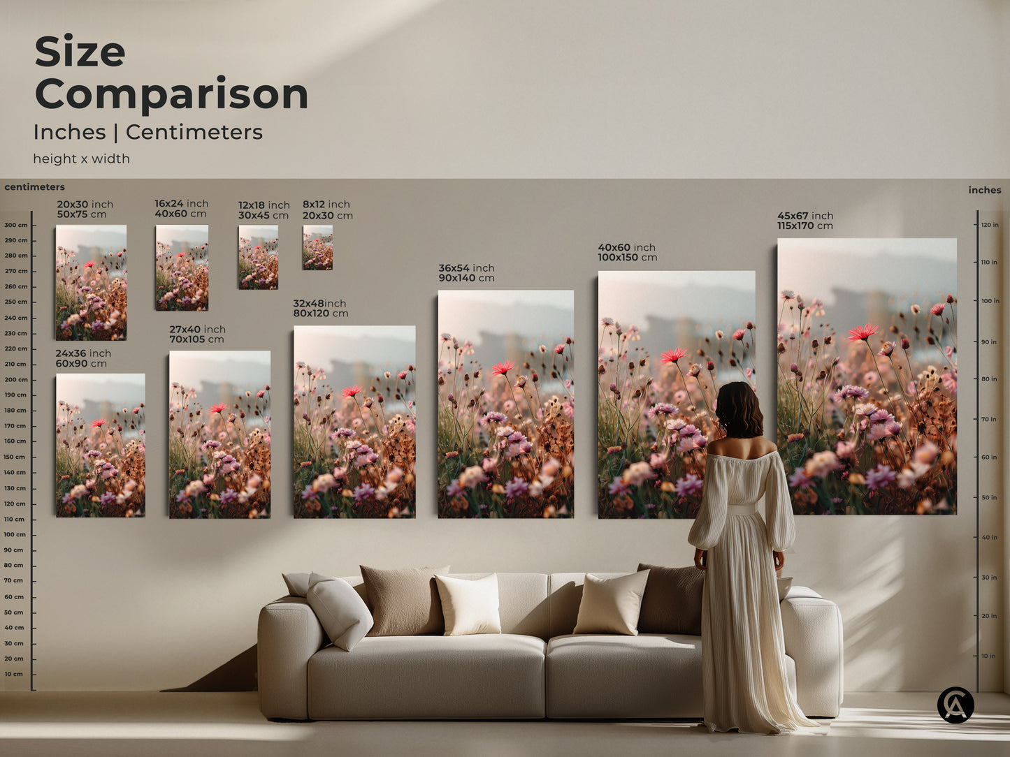 Size Comparison chart for the soft focus floral art print. See how the coral pink daisy and cosmos botanical artwork looks in various sizes above a couch. Find the perfect boho blush pink art for your space.