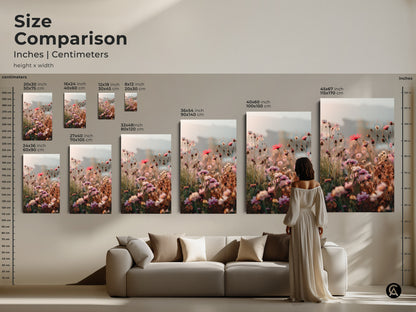 Size Comparison chart for the soft focus floral art print. See how the coral pink daisy and cosmos botanical artwork looks in various sizes above a couch. Find the perfect boho blush pink art for your space.