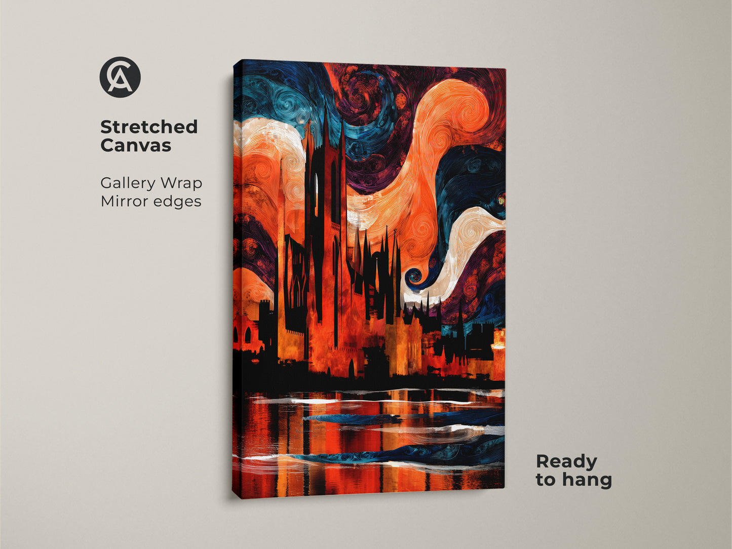 Stretched Canvas Abstract Gothic Cathedral wall artwork. Gallery wrapped with mirror edges showcases orange and blue swirls in a cityscape print. A modern home decor piece ready to hang and admire. It is a unique travel souvenir.