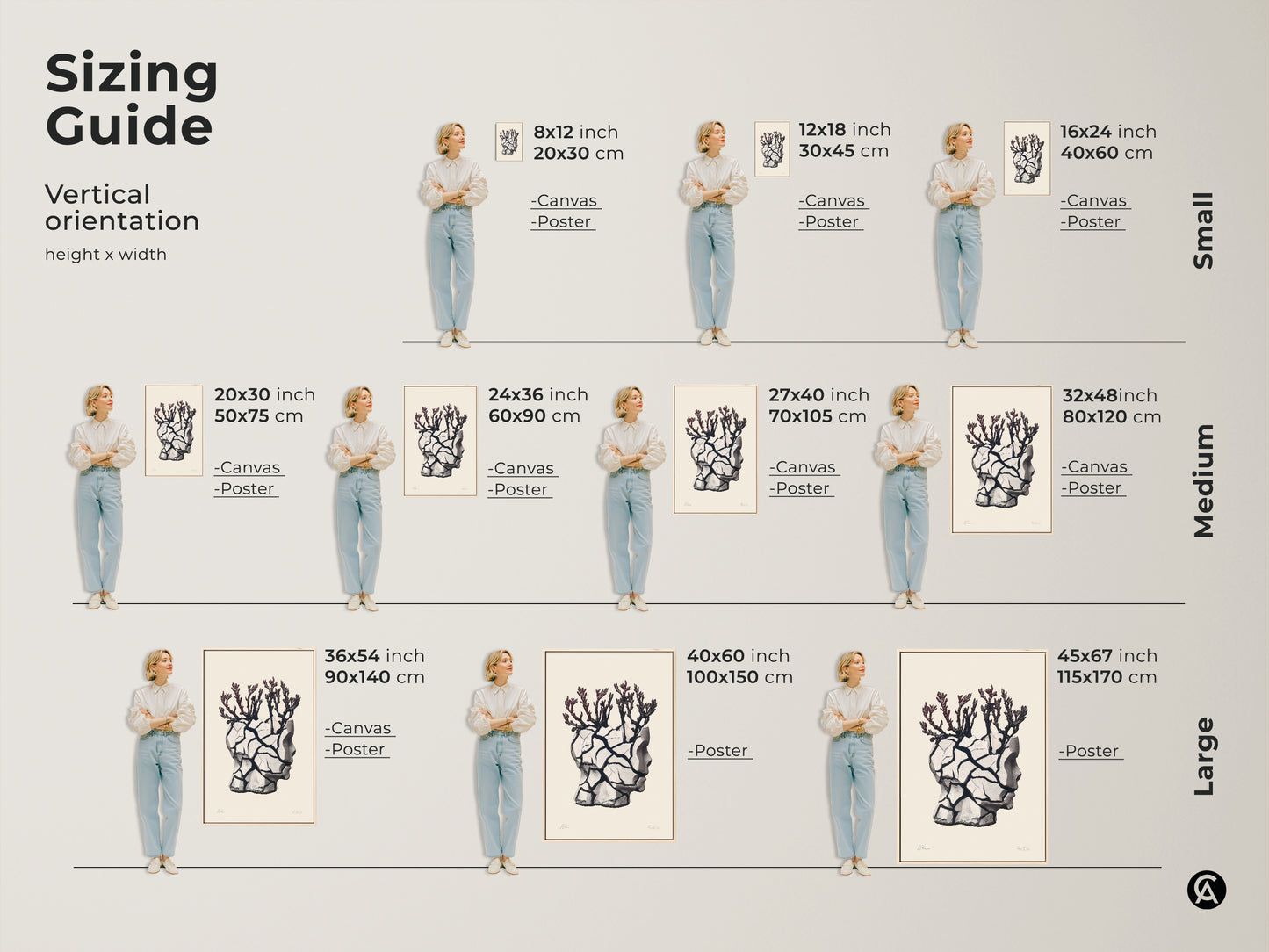 Sizing guide for vertical surreal head sculpture artwork. Options include canvas and poster. Dimensions range from small to large sizes. Find the perfect fit for your space. This eclectic beige black and gray piece enhances home or office decor. A unique housewarming gift for art lovers.