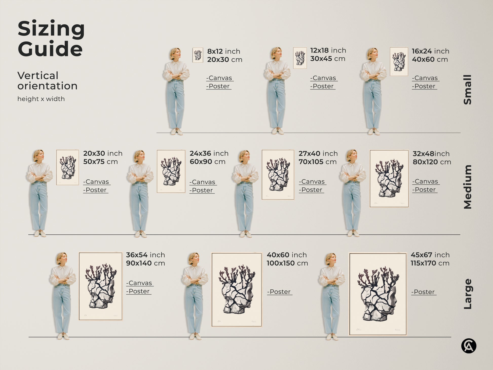 Sizing guide for vertical surreal head sculpture artwork. Options include canvas and poster. Dimensions range from small to large sizes. Find the perfect fit for your space. This eclectic beige black and gray piece enhances home or office decor. A unique housewarming gift for art lovers.