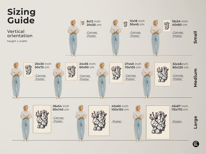 Sizing guide for vertical surreal head sculpture artwork. Options include canvas and poster. Dimensions range from small to large sizes. Find the perfect fit for your space. This eclectic beige black and gray piece enhances home or office decor. A unique housewarming gift for art lovers.