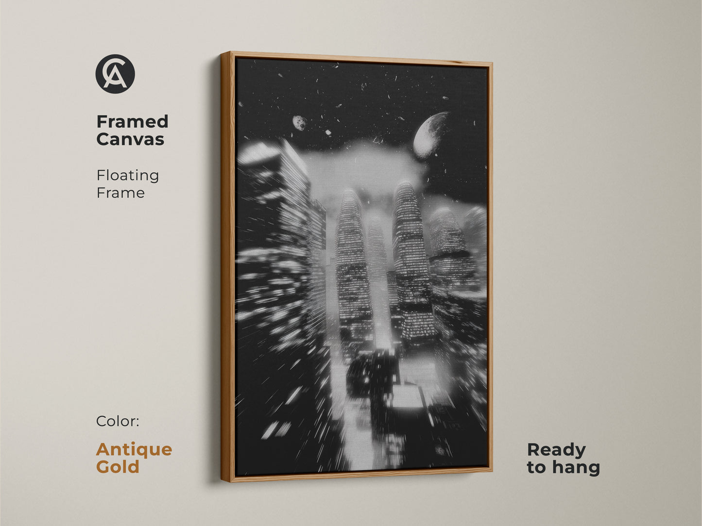 A framed canvas with an antique gold floating frame features an abstract night cityscape. This monochrome city art offers a touch of elegance. Ready to hang this urban skyscraper artwork is ideal. Enhance your office or home decor today.