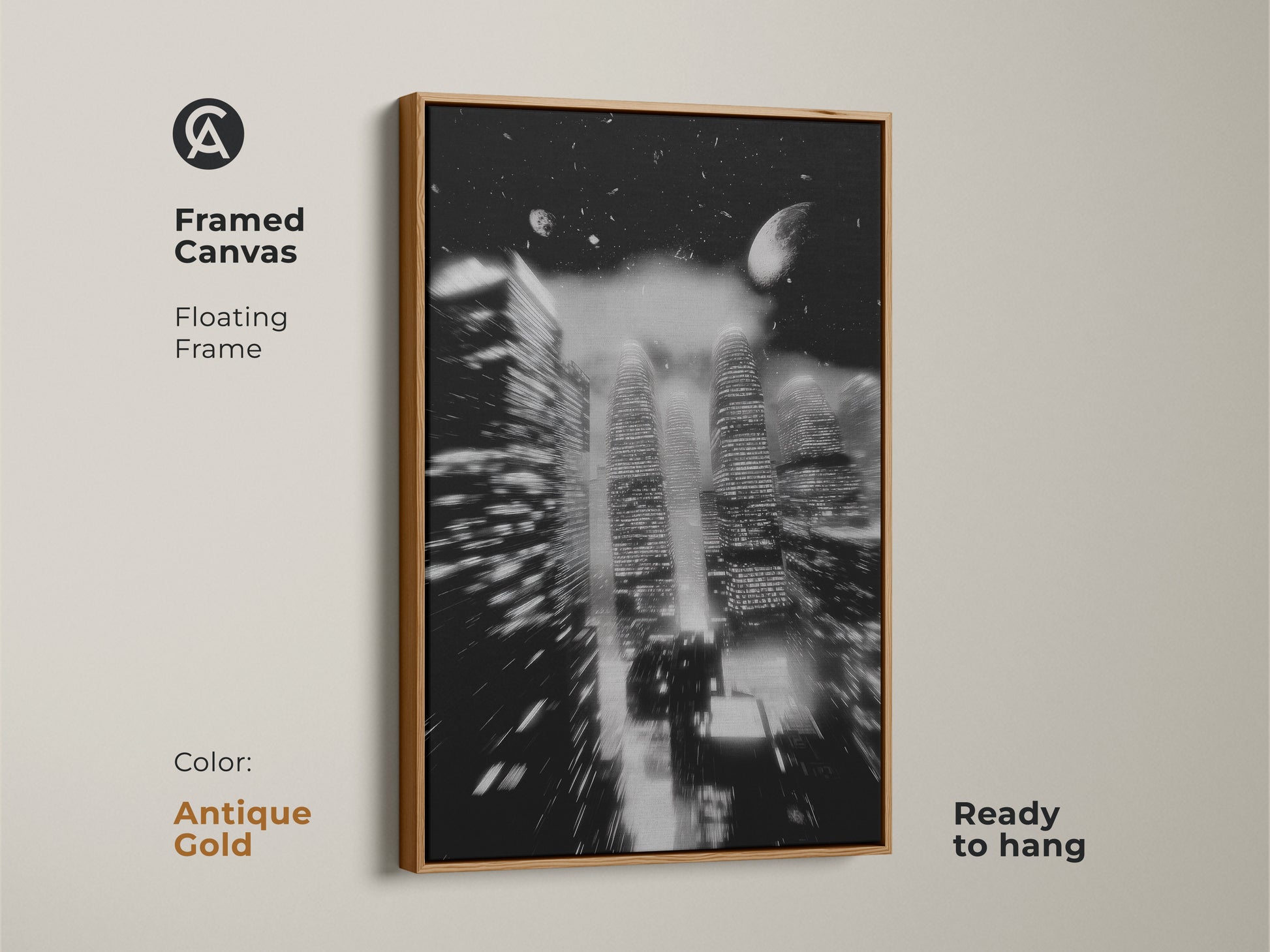 A framed canvas with an antique gold floating frame features an abstract night cityscape. This monochrome city art offers a touch of elegance. Ready to hang this urban skyscraper artwork is ideal. Enhance your office or home decor today.