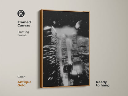 A framed canvas with an antique gold floating frame features an abstract night cityscape. This monochrome city art offers a touch of elegance. Ready to hang this urban skyscraper artwork is ideal. Enhance your office or home decor today.