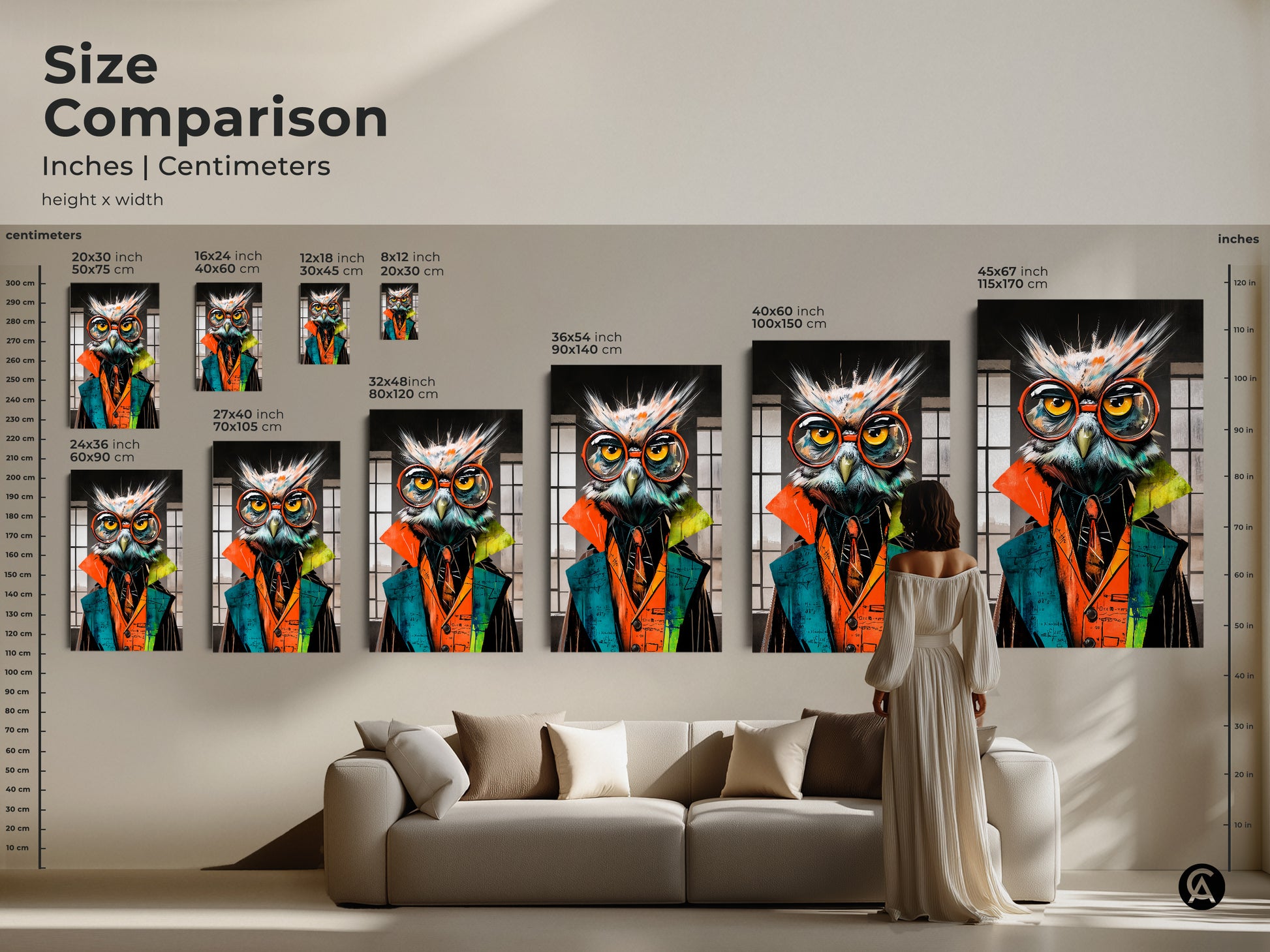 Size comparison showcasing the professor owl artwork in various dimensions. The canvas and poster prints range from small to large sizes. The artwork is ideal for study room or office decor. The art makes a unique gift.