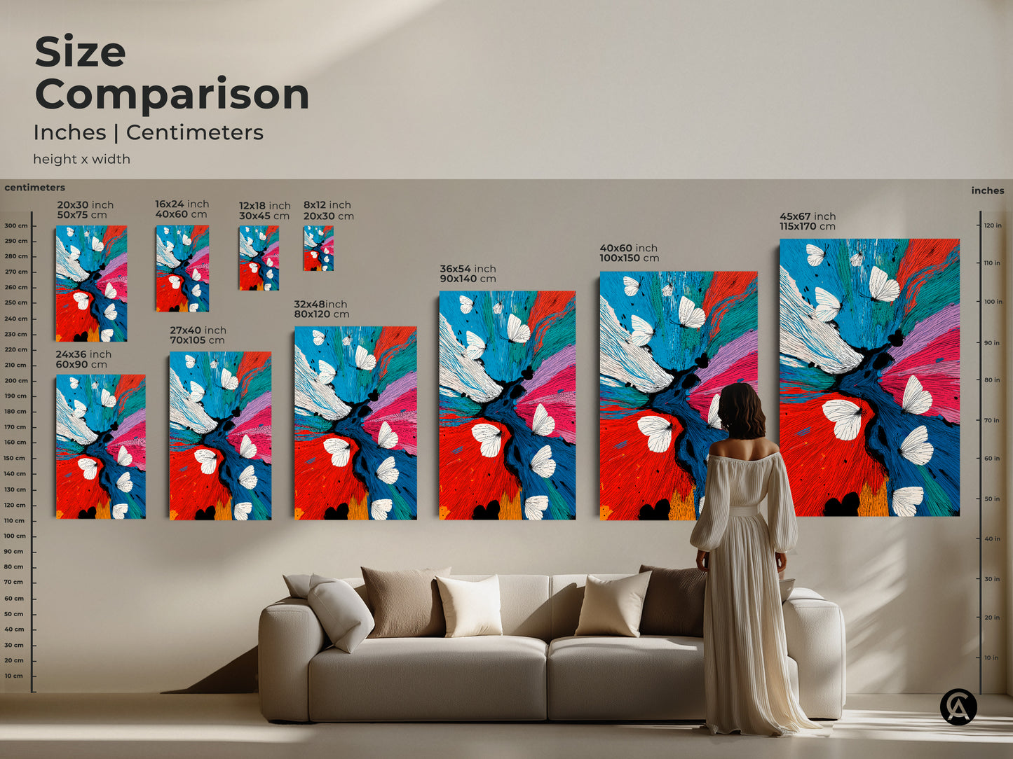 Size comparison presents this abstract butterfly art in different sizes above a sofa. The contemporary floral piece uses red blue teal tones. This nature insect artwork suits various room sizes. Its vibrant design enhances eclectic wall art. Perfect as unique home decor gift.