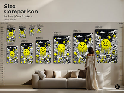 Size comparison of artwork featuring a melting smiley face and skulls. See how different sizes fit above a sofa. Dimensions range from small prints to large statement pieces. Visualize the impact of this unique art in various scales to enhance your living space.