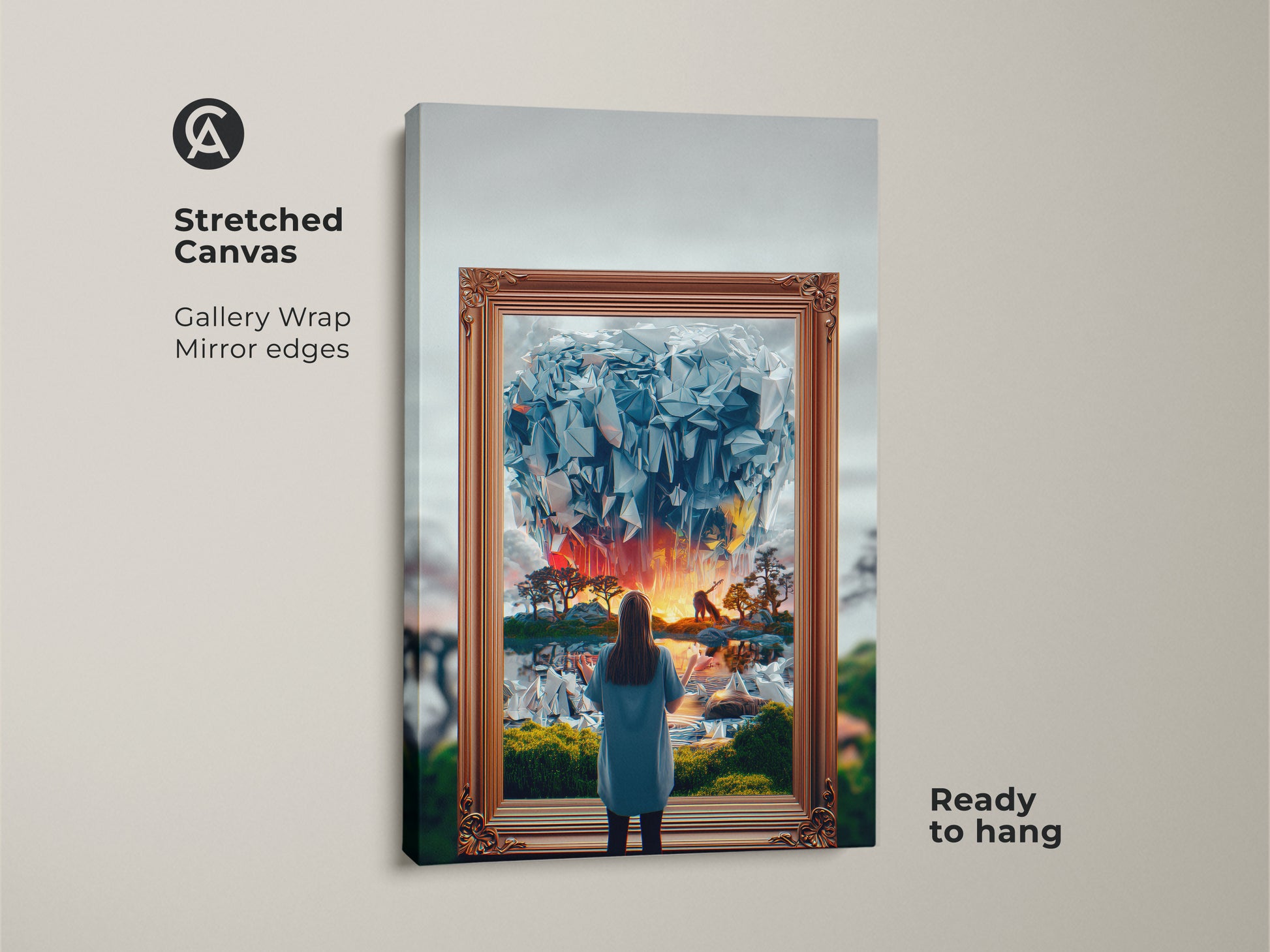 Stretched Canvas Fantasy Art Print. Gallery wrapped with mirrored edges. An abstract crystal world canvas features a woman gazing into fantasy. Blue orange yellow wall art creates an eclectic bedroom decor. Ready to hang surreal dreamscape art print.