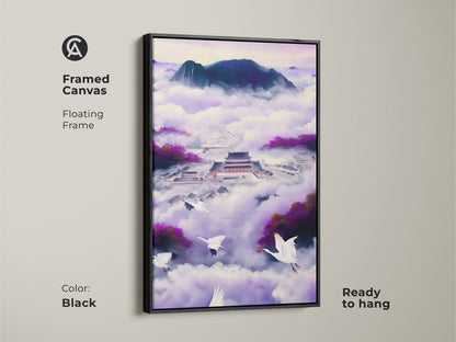 Framed canvas Ukiyo-e Japanese Palace art. The black floating frame enhances this flying cranes artwork. This violet indigo fantasy landscape creates a Zen mood. This purple bedroom wall decor is ready to hang. It's an ideal eclectic art piece.
