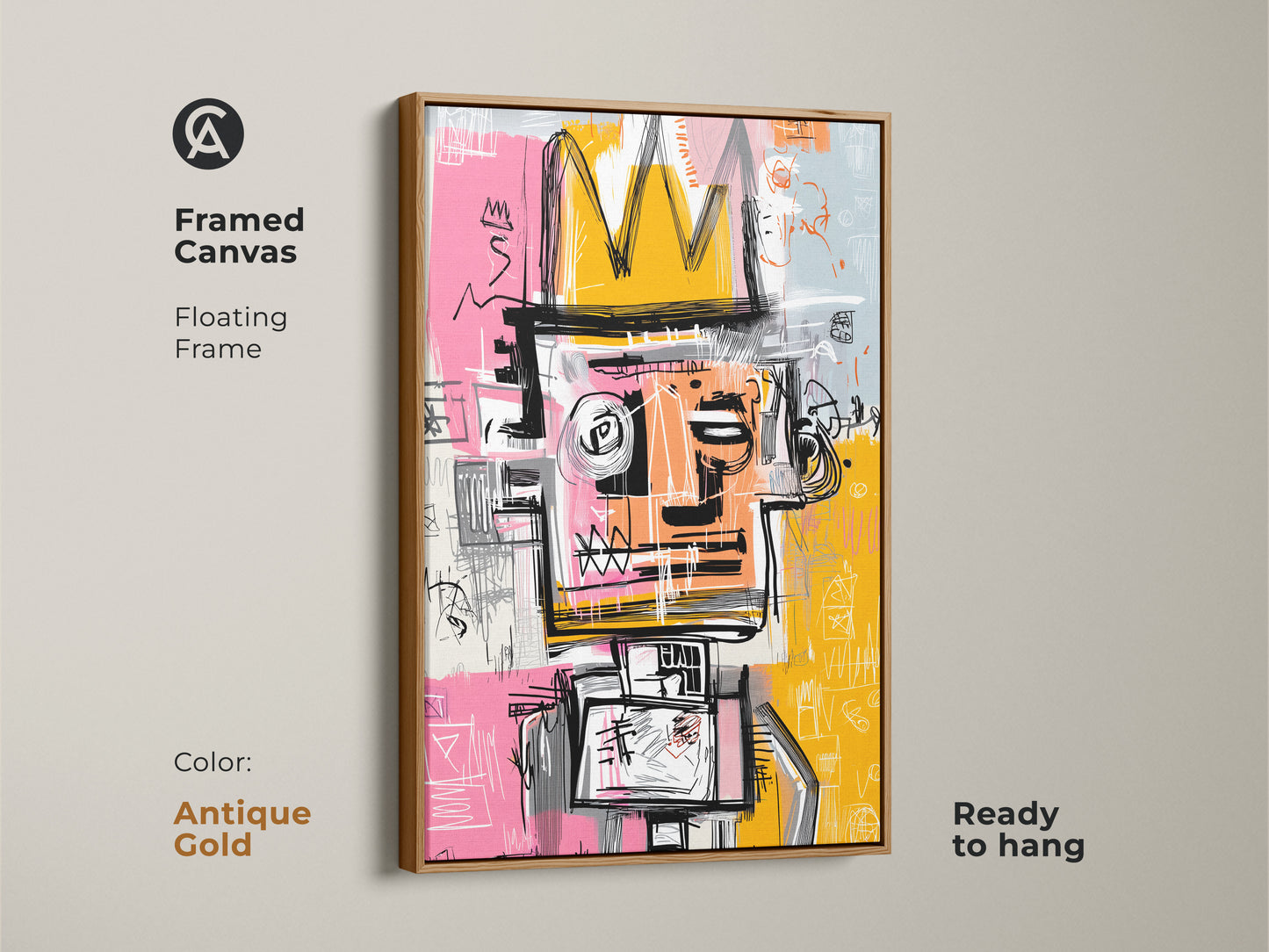 Framed Canvas of Graffiti-Style King Artwork in Antique Gold Frame. Showcasing a striking figure with a crown is displayed in a floating antique gold frame. Ready to hang this artwork adds a vintage touch to any room. Elevate your decor with this unique art.