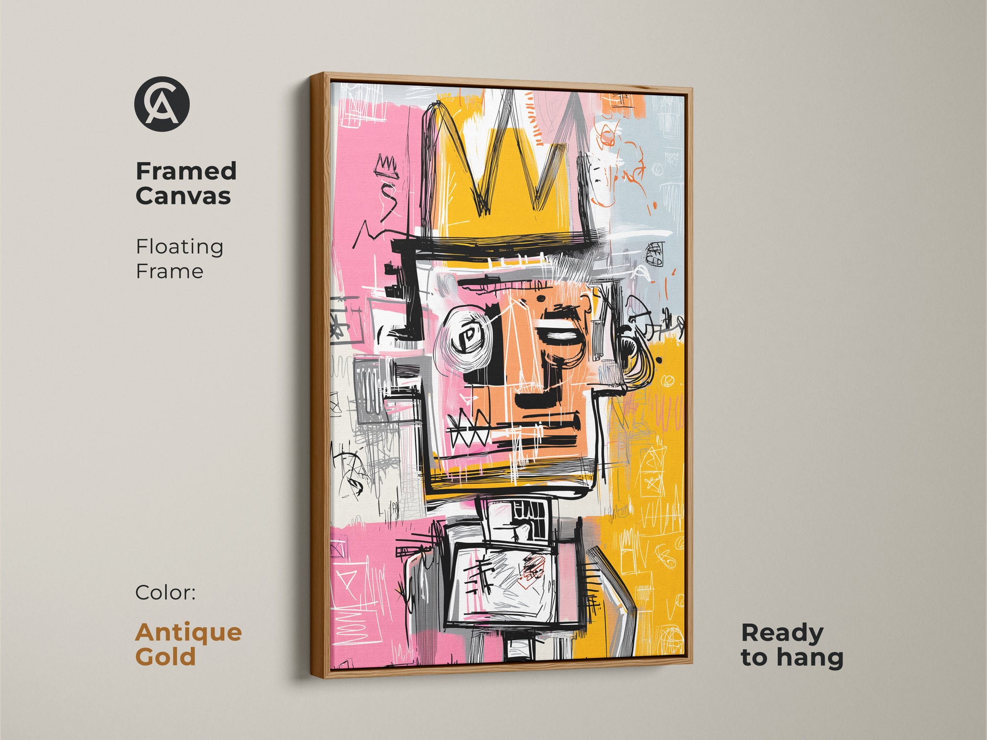 Framed Canvas of Graffiti-Style King Artwork in Antique Gold Frame. Showcasing a striking figure with a crown is displayed in a floating antique gold frame. Ready to hang this artwork adds a vintage touch to any room. Elevate your decor with this unique art.