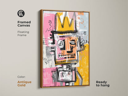 Framed Canvas of Graffiti-Style King Artwork in Antique Gold Frame. Showcasing a striking figure with a crown is displayed in a floating antique gold frame. Ready to hang this artwork adds a vintage touch to any room. Elevate your decor with this unique art.
