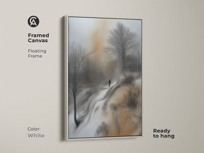 Framed canvas print of a sepia winter scene. White floating frame complements the neutral tones. Modern artwork with bare trees and a solitary figure. Minimalist wall hanging.