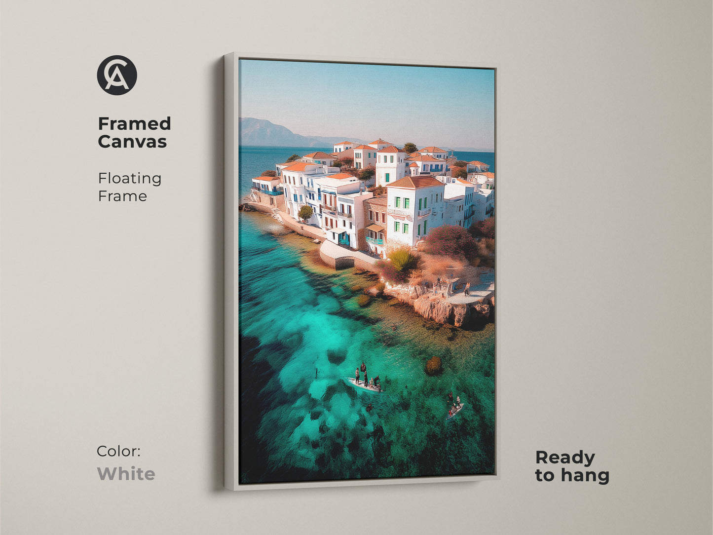Framed canvas featuring coastal island village art with a white floating frame. This turquoise water aerial seascape print enhances Mediterranean decor. It’s ready to hang making it an ideal travel gift. The scenic island village is a must-have.