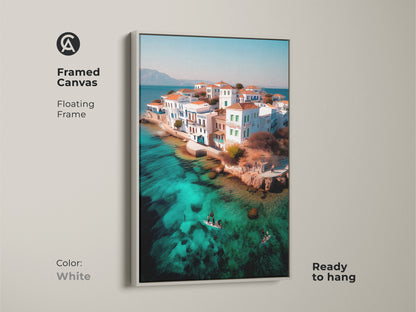 Framed canvas featuring coastal island village art with a white floating frame. This turquoise water aerial seascape print enhances Mediterranean decor. It’s ready to hang making it an ideal travel gift. The scenic island village is a must-have.