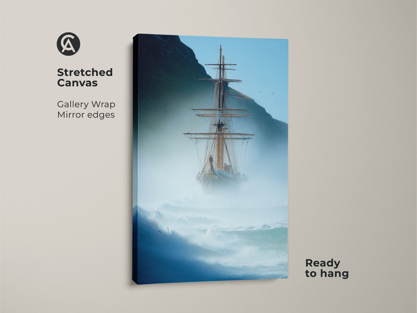 This tall ship canvas art captures nautical charm for coastal decor. A striking blue gray ocean scene brings maritime adventure to any wall. It is ready to hang and perfect for nautical enthusiasts. This nautical artwork enhances home offices or living rooms with a touch of sea voyage appeal.