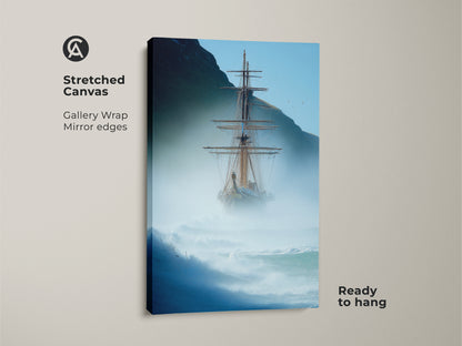 This tall ship canvas art captures nautical charm for coastal decor. A striking blue gray ocean scene brings maritime adventure to any wall. It is ready to hang and perfect for nautical enthusiasts. This nautical artwork enhances home offices or living rooms with a touch of sea voyage appeal.