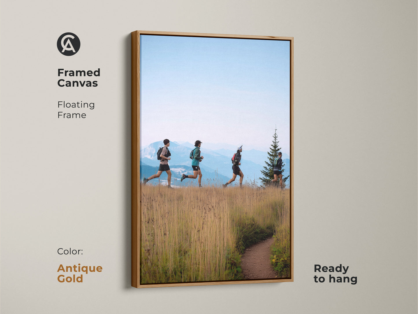 Framed in antique gold this canvas print showcases trail runners in a scenic mountain setting. The floating frame adds elegance to this outdoor adventure artwork. With earthy tones and a ready-to-hang design it's perfect for nature lovers. A great gift for him outdoors and a unique birthday gift for a hiker.