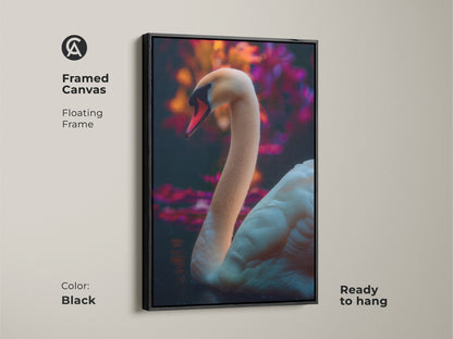 Framed canvas of a photorealistic swan in a black floating frame. Ready to hang wildlife wall art perfect for bedroom decor. The contemporary nature scene features pink and orange hues. A great gift idea for animal lovers adding modern elegance to your living space.