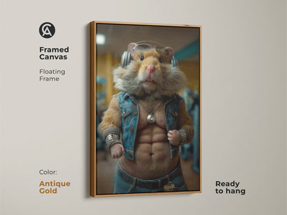 Antique Gold framed canvas featuring a muscular hamster. It wears headphones and a denim vest. The unique surreal animal art is ready to hang. It makes a cool gym motivation art print or a funny office poster. This art adds an eclectic touch to any space.