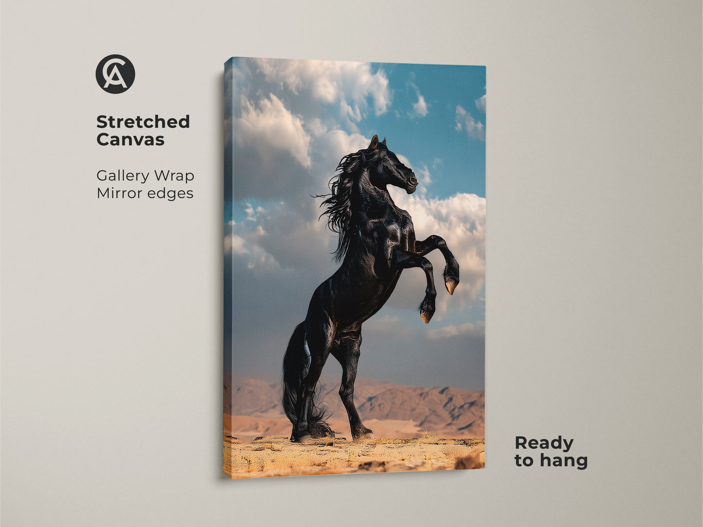 Stretched canvas art features a rearing black horse. Gallery wrapped with mirrored edges this rustic equestrian decor is ready to hang. It enhances any room's style.