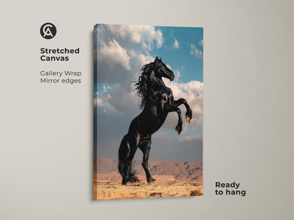 Stretched canvas art features a rearing black horse. Gallery wrapped with mirrored edges this rustic equestrian decor is ready to hang. It enhances any room's style.