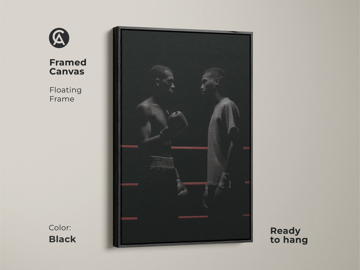 Framed canvas featuring minimalist boxer artwork in a black floating frame. The high-contrast monochrome art shows two boxers in a boxing ring. This motivational boxer wall art adds industrial flair to any space. This art is ready to hang great for sports enthusiasts and boxing fans.