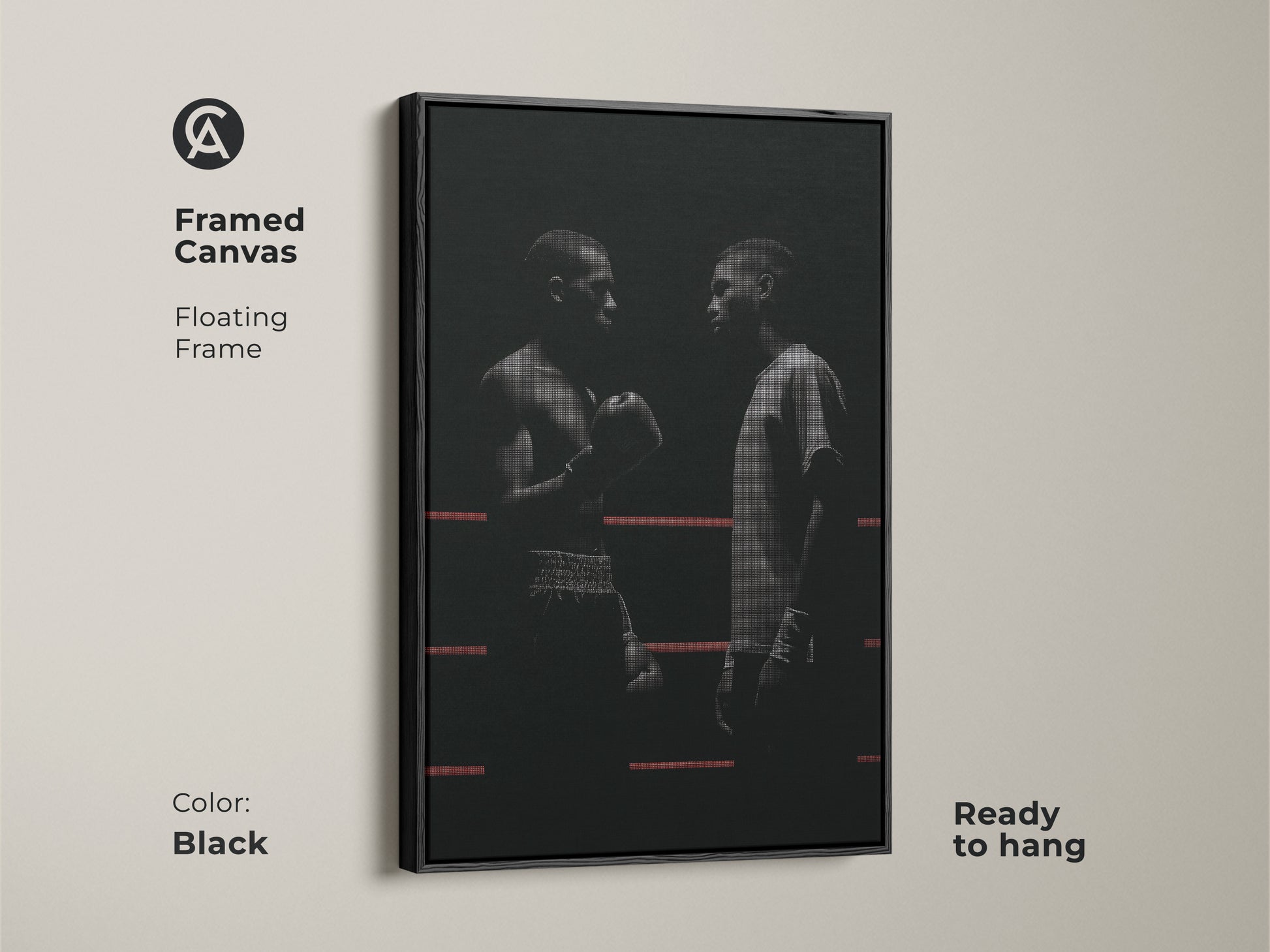 Framed canvas featuring minimalist boxer artwork in a black floating frame. The high-contrast monochrome art shows two boxers in a boxing ring. This motivational boxer wall art adds industrial flair to any space. This art is ready to hang great for sports enthusiasts and boxing fans.