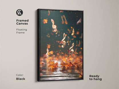 Framed canvas featuring abstract music notes art. This black floating frame enhances the teal gold artwork. The canvas is ready to hang and adds an artistic touch to any room. Perfect for music lovers and those who appreciate autumn's beauty. Enhances study rooms and home music studios.