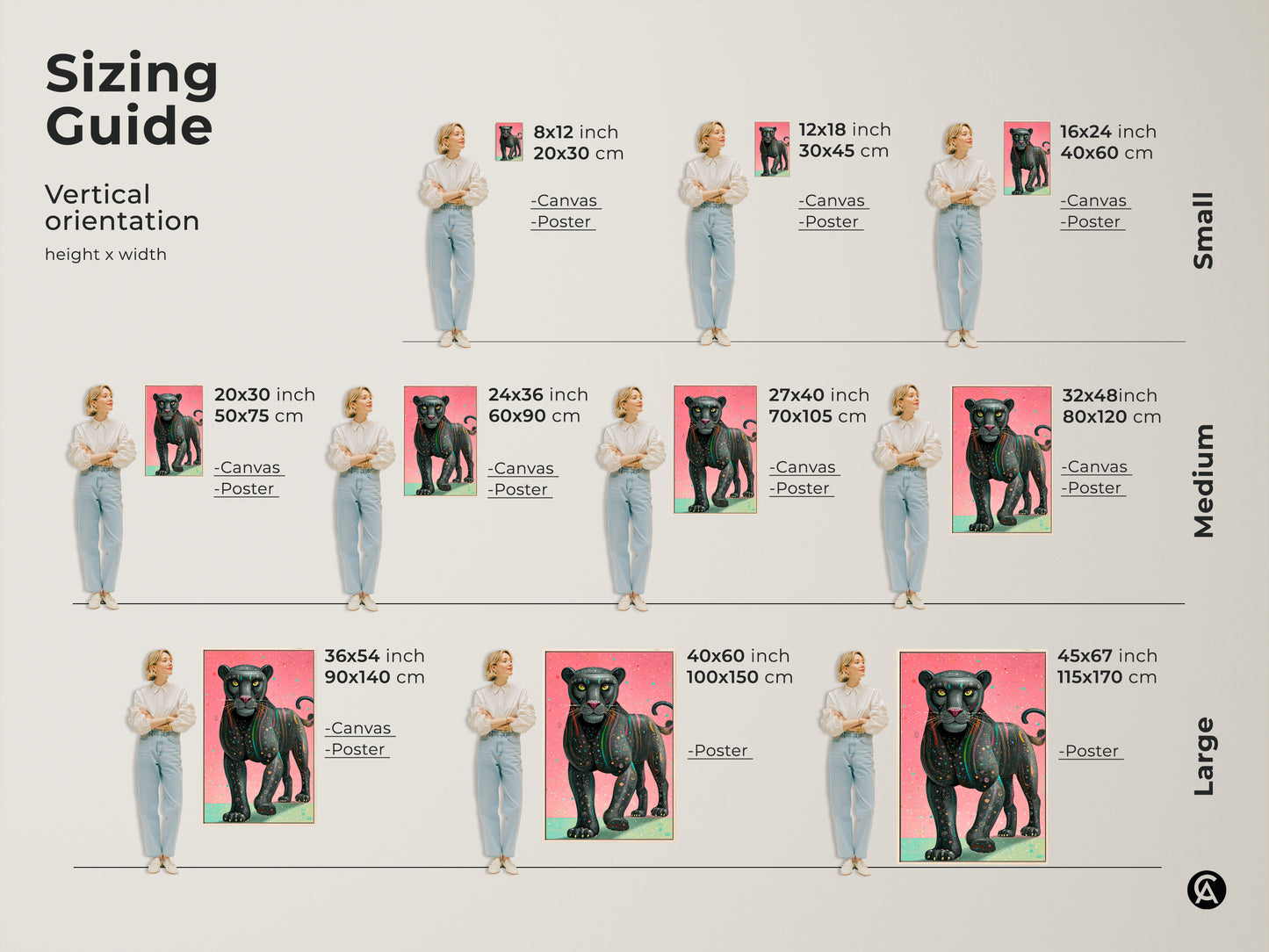 Visualize the sizing guide for vertical orientation art including the pink teal geometric panther art. Sizes range from small to large. Choose canvas or poster prints to fit your space. Sizes include 8x12 to 45x67 inches. This contemporary wildlife canvas adds sophistication to any room. It is an ideal gift for animal lovers.