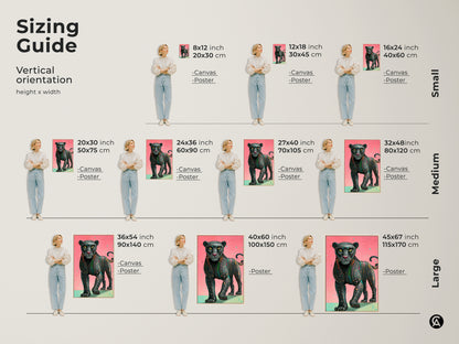 Visualize the sizing guide for vertical orientation art including the pink teal geometric panther art. Sizes range from small to large. Choose canvas or poster prints to fit your space. Sizes include 8x12 to 45x67 inches. This contemporary wildlife canvas adds sophistication to any room. It is an ideal gift for animal lovers.