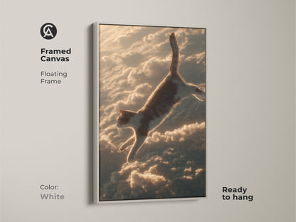 This framed surreal cat art is modern. A feline is jumping through clouds in this canvas. It is dreamy eclectic bedroom art in white. A unique gift idea now.