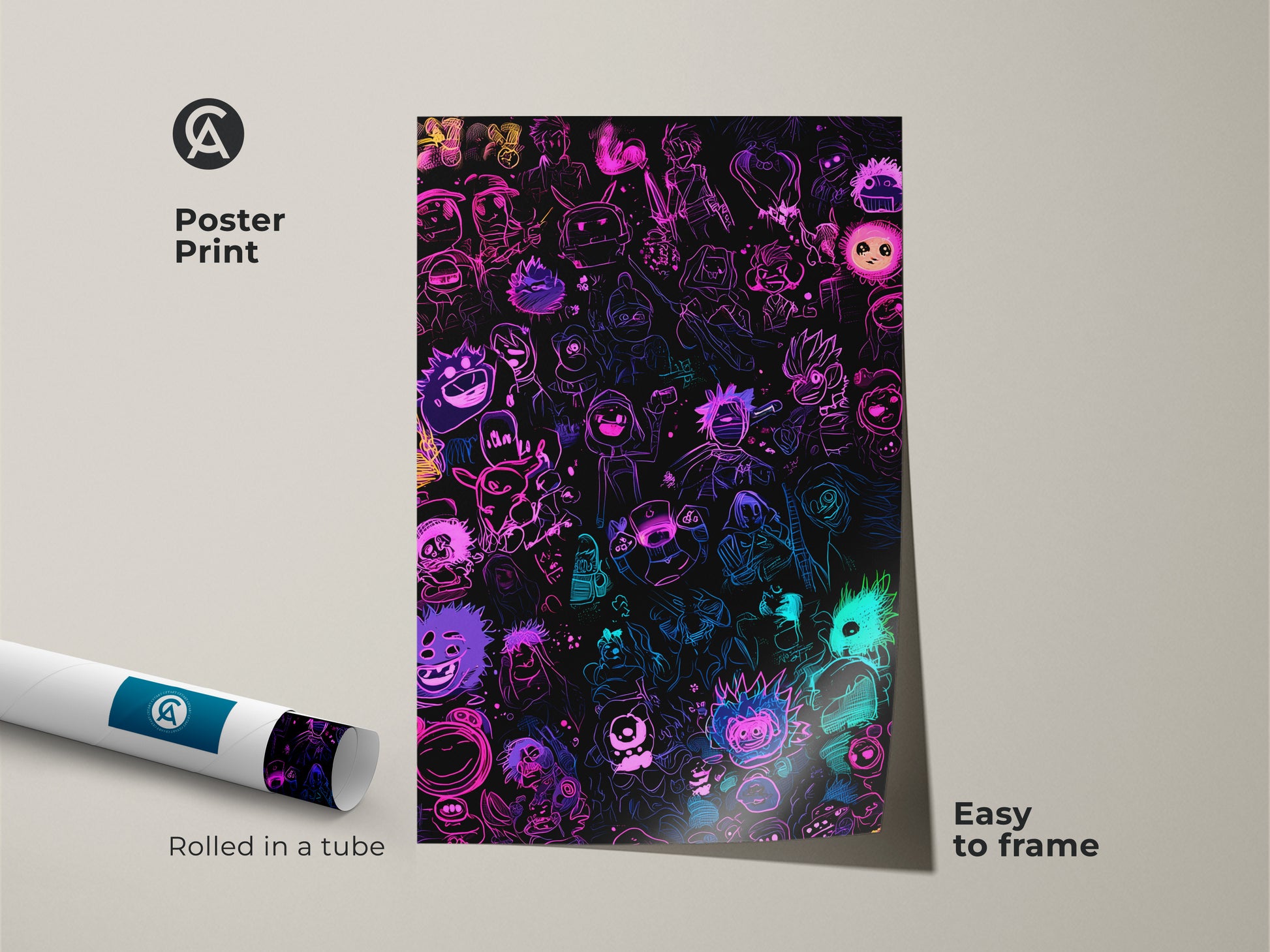 Neon cartoon character art on a poster print. This vibrant artwork is easy to frame. The poster is rolled in a tube for protection. This colorful design will brighten any space. Perfect for cartoon enthusiasts who want to showcase their love of cartoons.