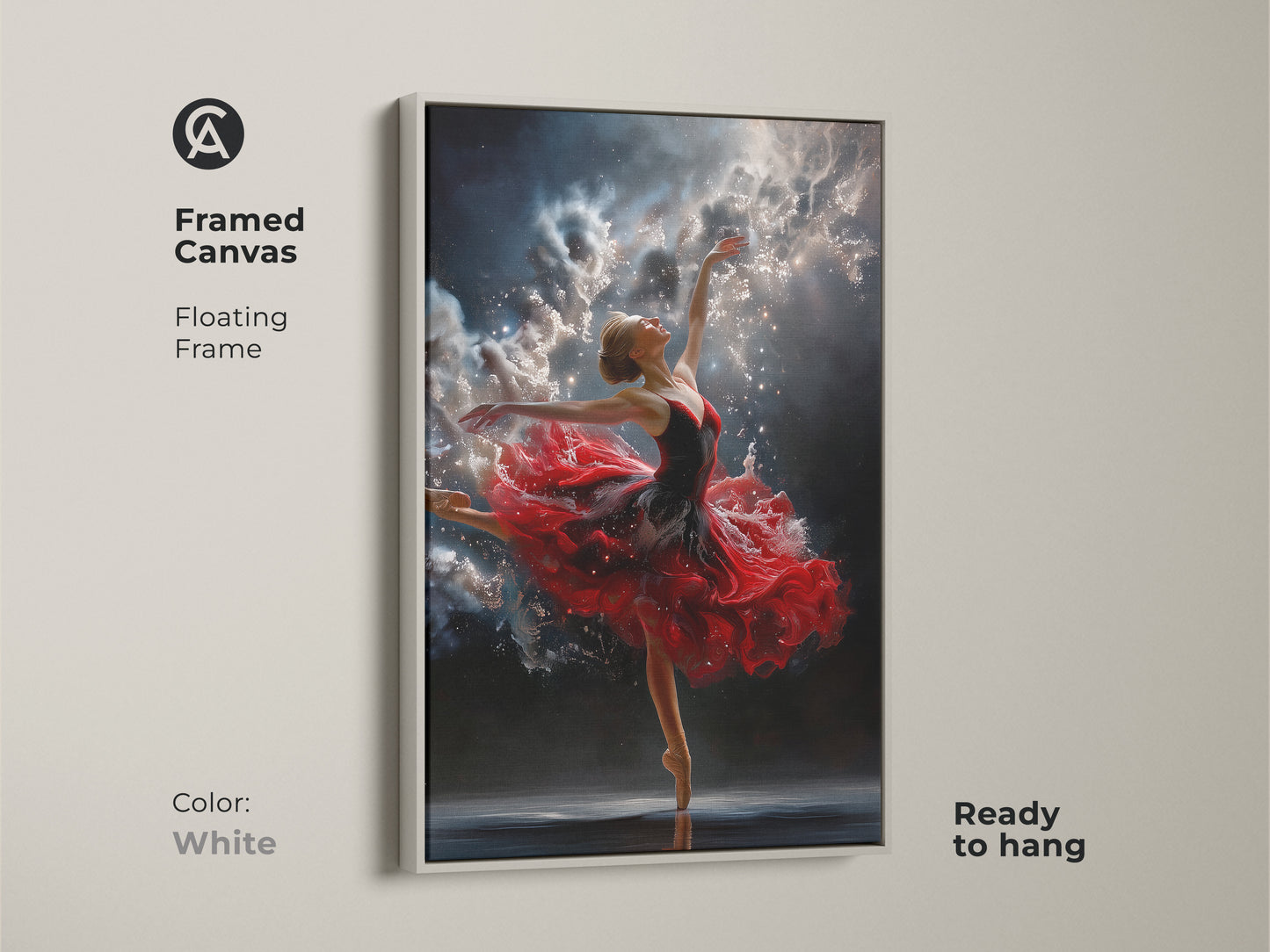 Framed canvas art featuring a ballerina. The floating frame is white. The artwork is ready to hang. The ballerina in a red dress dances against a night sky. A beautiful addition to your home.