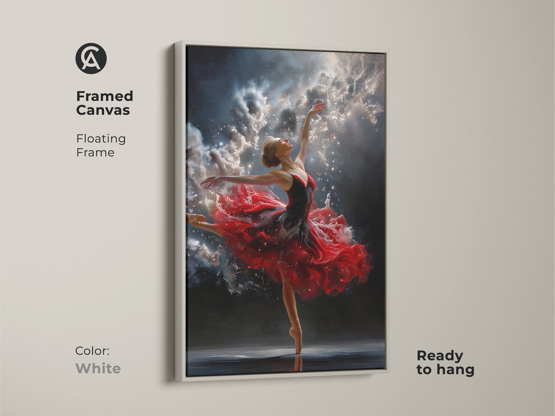 Framed canvas art featuring a ballerina. The floating frame is white. The artwork is ready to hang. The ballerina in a red dress dances against a night sky. A beautiful addition to your home.
