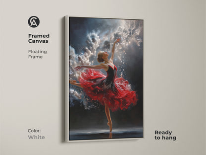 Framed canvas art featuring a ballerina. The floating frame is white. The artwork is ready to hang. The ballerina in a red dress dances against a night sky. A beautiful addition to your home.