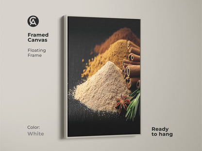 Framed Spice Art on canvas with a floating frame. A white frame contrasts beautifully with the tan and brown tones of the cinnamon sticks star anise and ground spices. This modern farmhouse artwork brings a clean and elegant feel to your kitchen. Ready to hang and perfect as a housewarming gift.