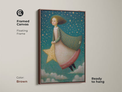 A girl on a gold star soars through a teal starry sky in this framed canvas art. The brown floating frame complements the celestial nursery art. This kids room wall decor is ready to hang. A whimsical fantasy artwork and a great gift for young dreamers.