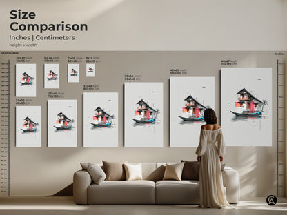 Size comparison of architectural floating house art prints. Inches and centimeters for canvas and posters are listed. A woman stands near the floating home wall hanging art